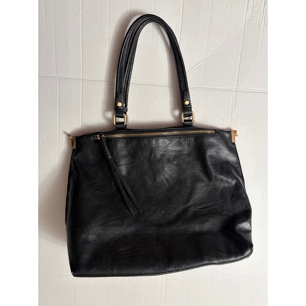 Black Faux Leather‎ Tote Bag Gold Hardware Zippered Shoulder Bag Work Travel